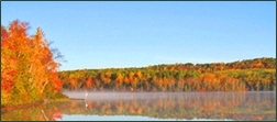 Trout Lake in Autumn with gold leaves reflected in the lake.